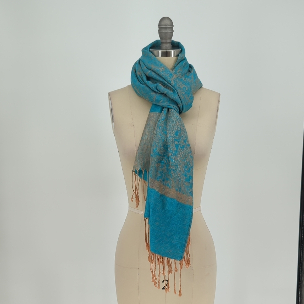 00839 Pashmina Paisley Fringe Scarf Turquoise Tan preppy spring fall classic - Picture 3 of 6